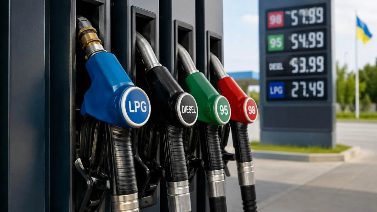 Пістолети автогазу LPG та бензину А-95 на заправці з цінами