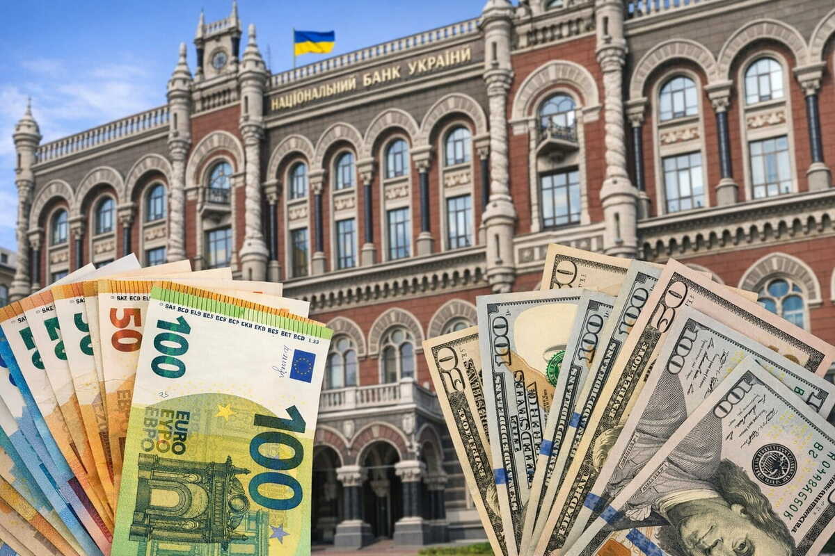 Будівля Національного банку України з банкнотами долара та євро