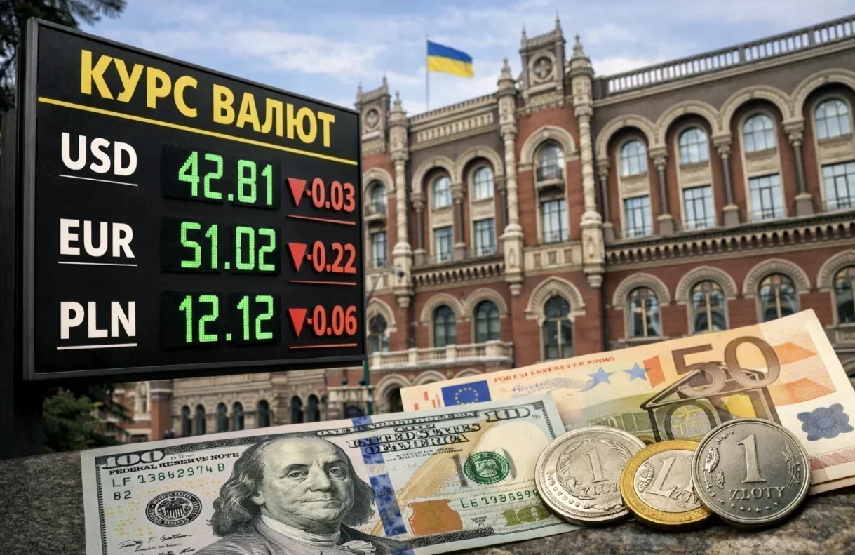Табло курсів долара та євро НБУ на тлі будівлі з українським прапором