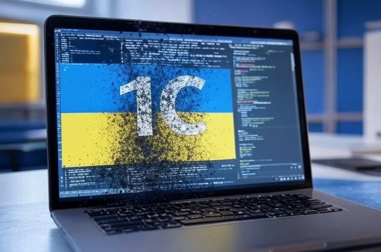 Ноутбук з логотипом 1C на прапорі України та кодом на екрані
